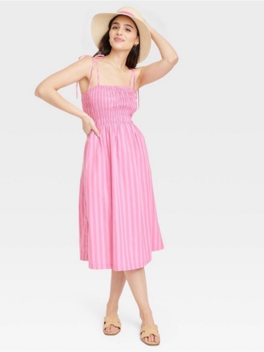 A New Day Pink Striped Smocked Midi Dress Tie Straps Pockets Size M